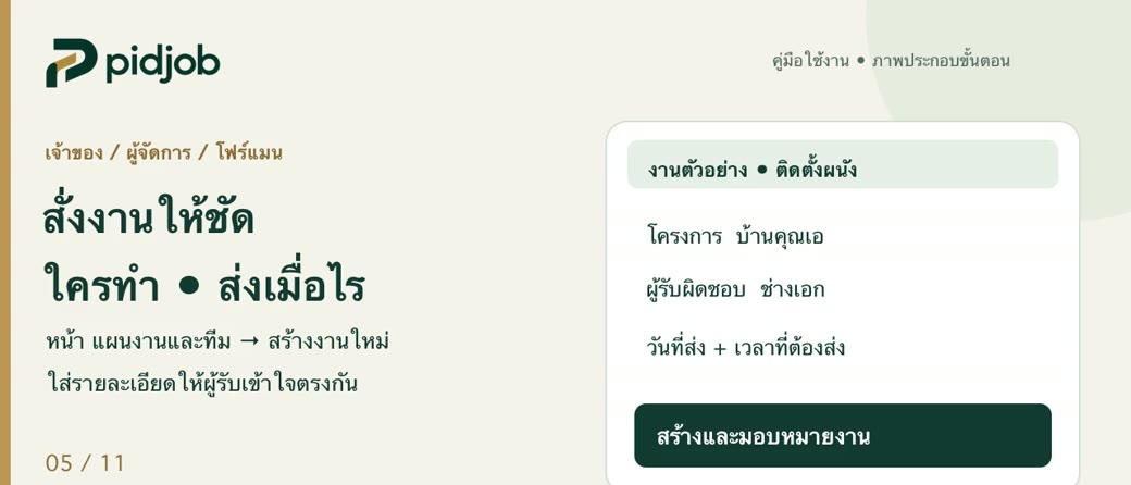 สร้างงานใหม่ เลือกผู้รับผิดชอบและกำหนดส่ง